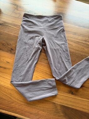 Athleta High-Waisted Active Leggings — Mauve Gray with Laser-Cut Detail